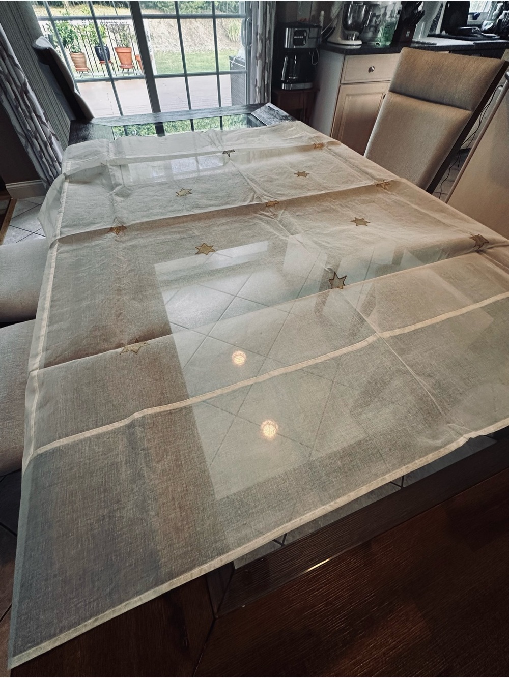 Elegant Sheer Star-Embroidered Table Runner - Ecru shade 58”x58” 100%cotton